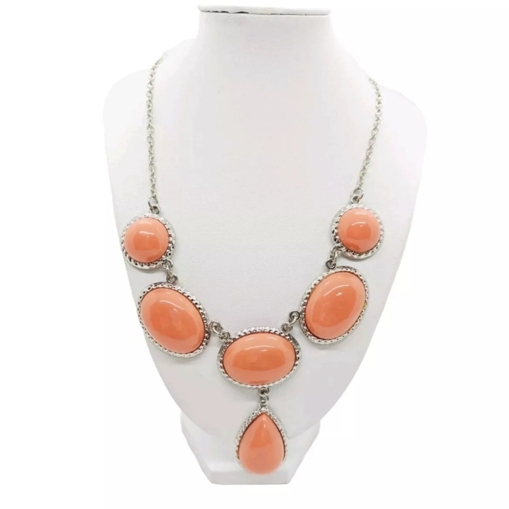 Women's Necklace Orange Tear Drop Oval Silver Tone Lucid Bubble Statement